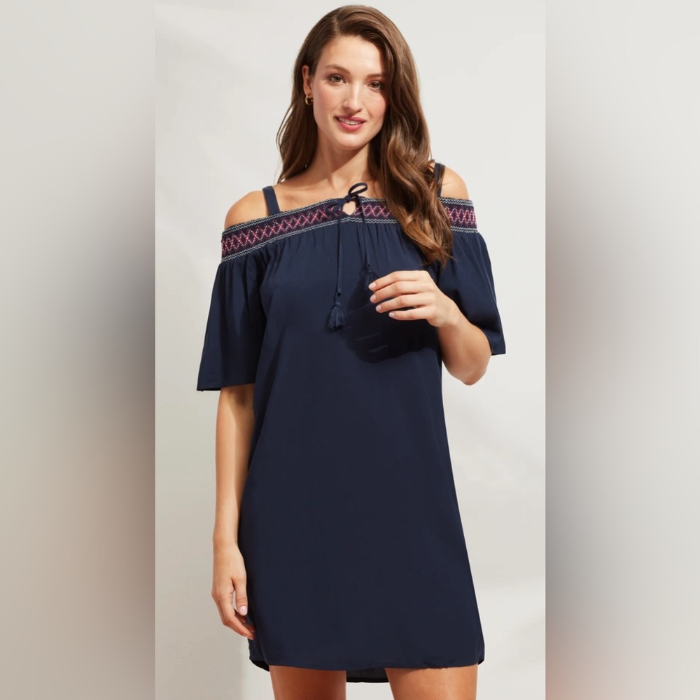 OFF-THE-SHOULDER TIE-NECK DRESS Navy NWT Caribbean Joe L